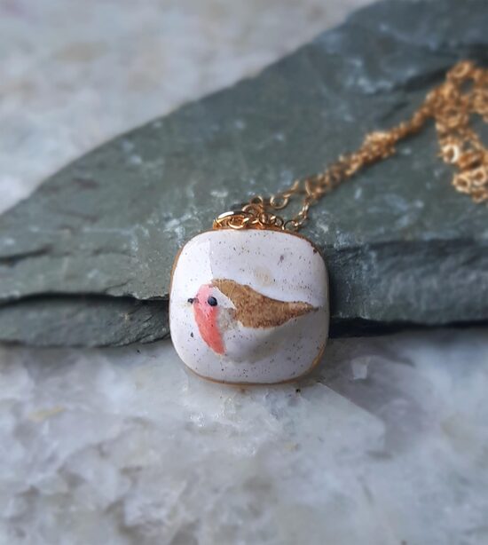 Ceramic Robin Bird Necklace in gold