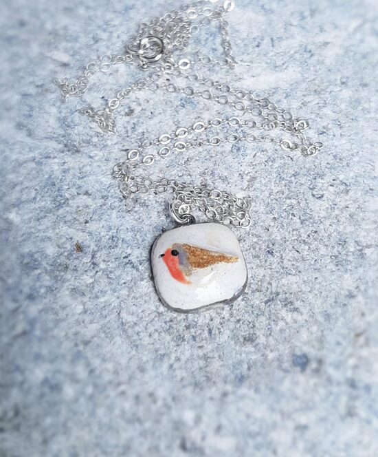Ceramic Robin Bird Necklace in Silver