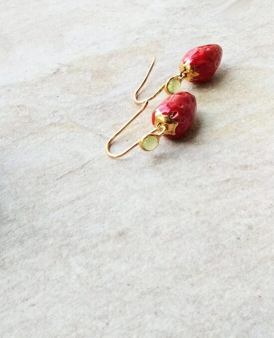 Ceramic Funky Strawberry & Peridot Earrings in Gold