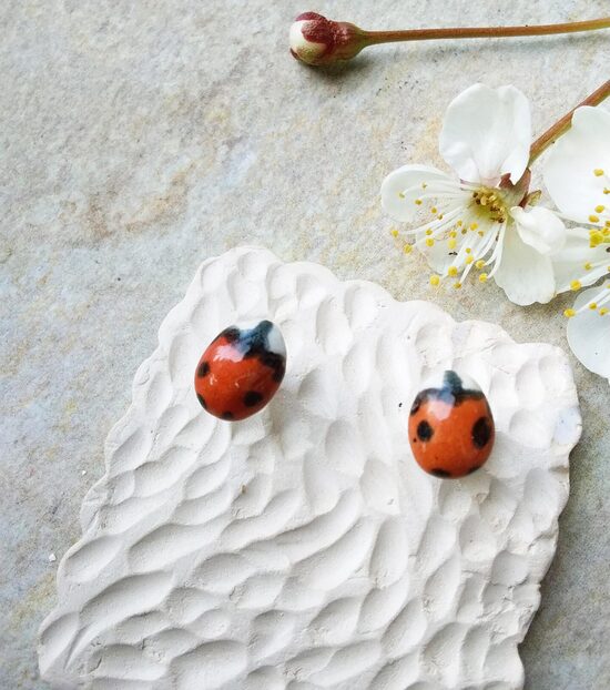 Ceramic Ladybug Stud Earrings in Gold 