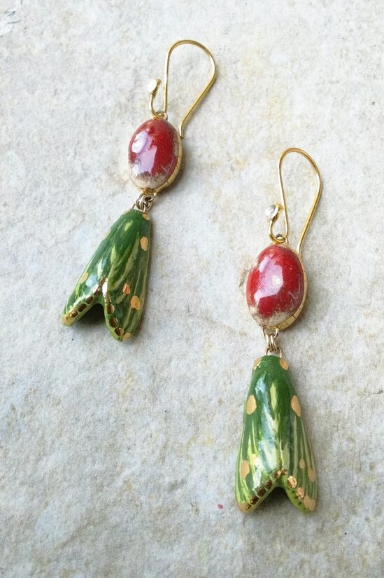 Festive Moths Ceramic Earrings with Peridot in Silver