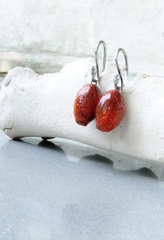 Ceramic Rosehip & Leaf Earrings in Silver